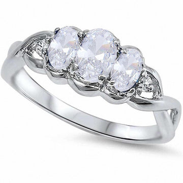 3 Stone Engagement Ring Oval Simulated Cubic Zirconia 925 Sterling Silver